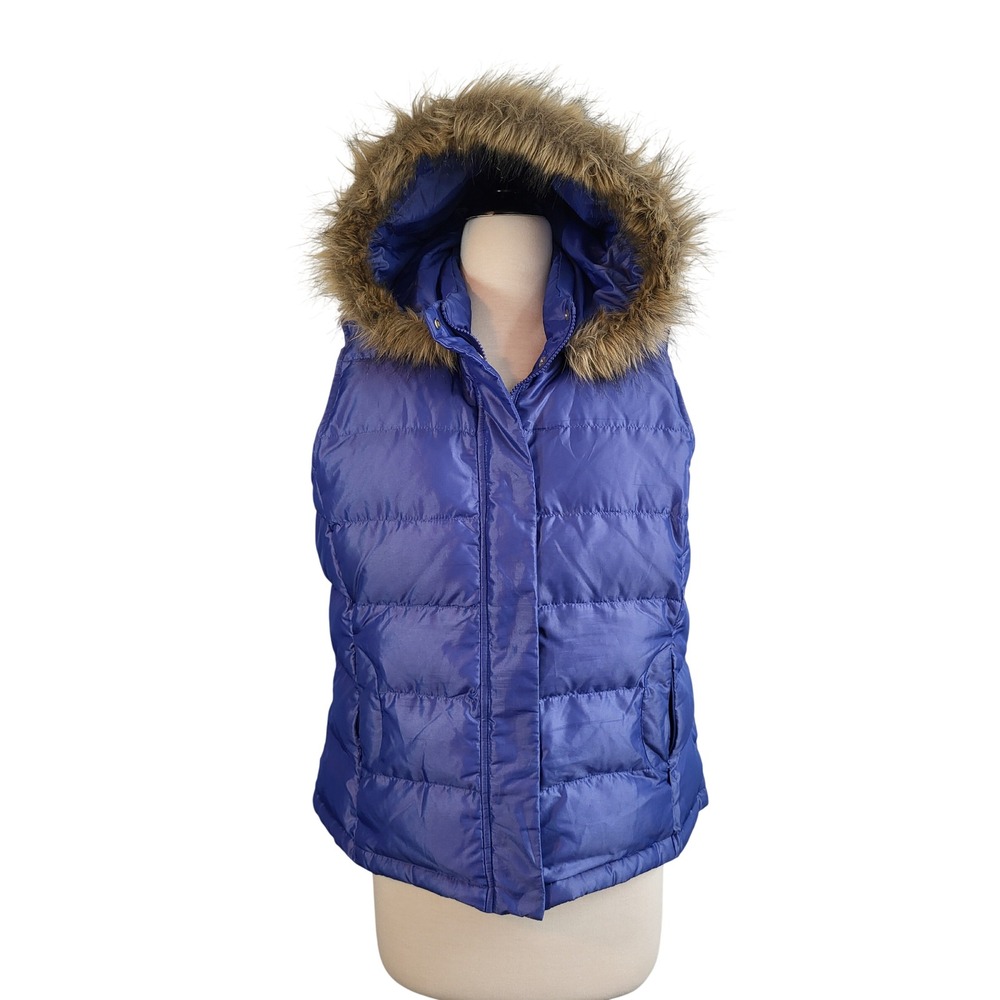 Talbots Puffer Vest Large Blue Faux Fur Detachable Hood Down Filled Quilted